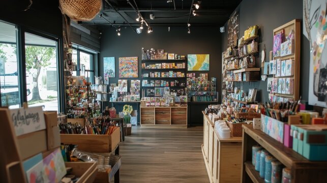 A Well-Stocked Art Supply Store Interior with Wooden Shelves and Colorful Products