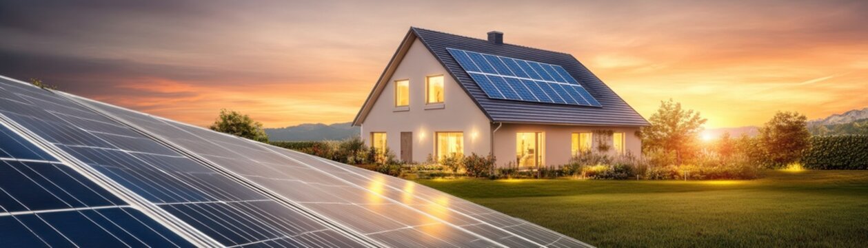 A modern house with solar panels under a vibrant sunset, showcasing sustainable living and renewable energy concepts.