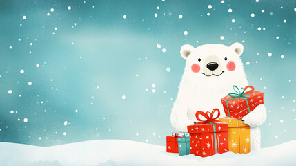 Fototapeta premium Christmas Illustration of a Cute Polar Teddy Bear with Gifts, Snowy Background with Copy Space, Perfect for a Festive Greeting Card.