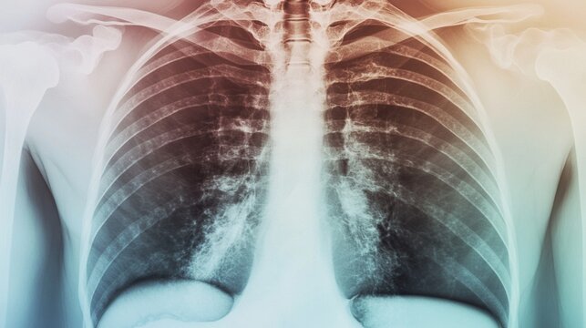 X-ray image of human chest revealing detailed bone structure and lung tissue, highlighting potential respiratory issues or medical diagnosis.