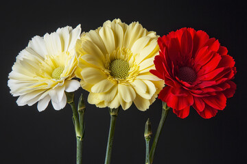 Yellow gerber flowers ,black background ,studio ,carnations ,red ,white ,amazing ,close up.