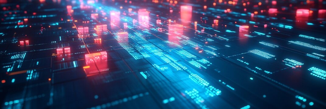 Futuristic digital landscape with glowing red and blue data blocks floating in a virtual grid, representing advanced technology and big data analytics.