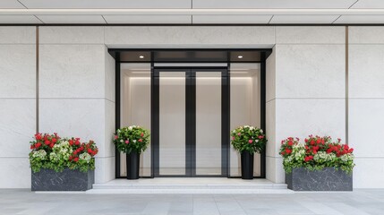 Naklejka premium High-end flower shop facade with marble accents, glass doors, and elegant lighting, Flower Shop, Luxury Design