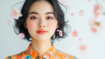 Korean, Asian Woman in Studio with Sakura Petals, Cherry Blossom Spring Beauty, Glamorous Skincare and Makeup Routine.
