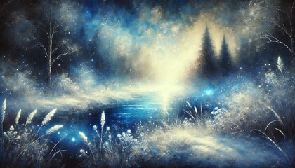 Fototapeta premium Beautiful Harmony of Snow and Natural Light in a Deep Blue Setting: A Mystical and Serene Winter Scene