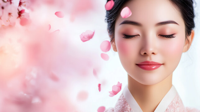 Korean, Asian Woman with Closed Eyes in Studio with Sakura Petals, Cherry Blossom Spring Beauty, Glass Skin Effect, Glamorous Skincare and Makeup Routine, K-Beauty.