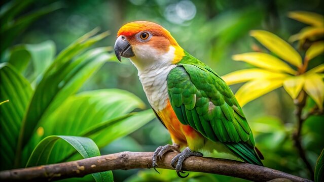 Colorful Caique Bird Perched on Branches in Lush Green Jungle Environment Captured in Natural Habitat