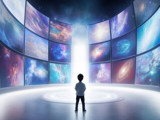 A child stands in awe before a mesmerizing display of colorful cosmic images, exploring infinity and the wonders of the universe.
