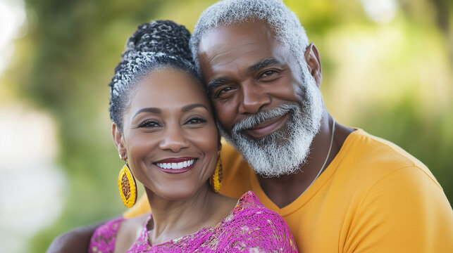 Smiling Senior Multiracial Couple Hugging Outdoors, African American Husband and Hispanic Wife Showing Love and Togetherness in a Park Setting.