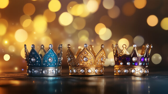 El D&iacute;a De Los Reyes Magos, Three Glittery Crowns with Jewels, Symbol of Three Wise Men Who Bringing Gifts for the Kids on Epiphany.