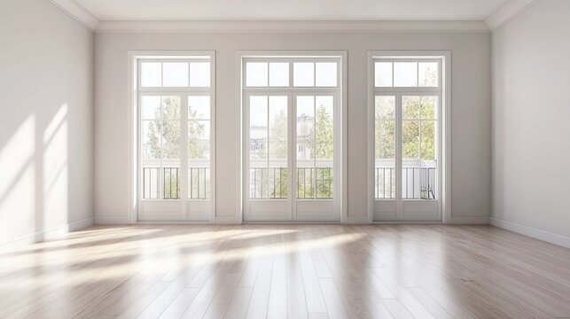 Interior of empty spacious living room with white walls and laminated floor with doors leading to balcony