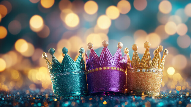 El D&iacute;a De Los Reyes Magos, Three Glittery Crowns with Jewels, Symbol of Three Wise Men Who Bringing Gifts for the Kids on Epiphany.