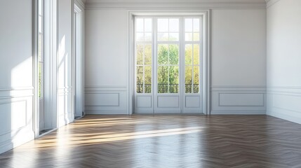 Fototapeta premium Interior of empty spacious living room with white walls and laminated floor with doors leading to balcony