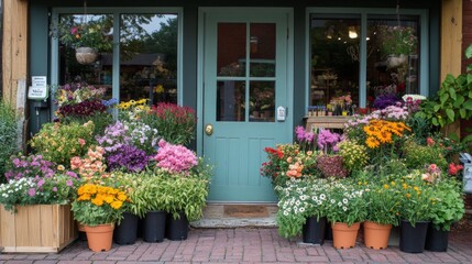 Fototapeta premium Colorful Flower Arrangements Outside a Floral Shop