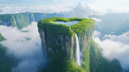 Heart-Shaped Waterfall Cascading from Lake, Surrounded by Green Forest and Mountains, Symbolizing Environmental Awareness, World Water Day Concept.