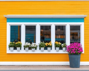 Compact urban flower shop exterior with bold colors, large windows, and modern typography, Flower Shop, Urban Cool