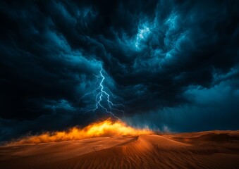 Dramatic Sandstorm with Lightning Over Desert Landscape