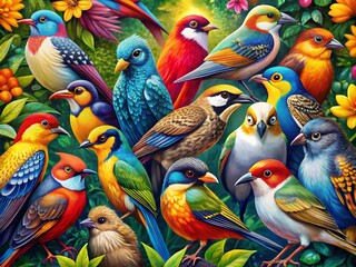 Obraz premium Colorful Clip Art of Various Bird Species in a Vibrant Artistic Style for Creative Projects