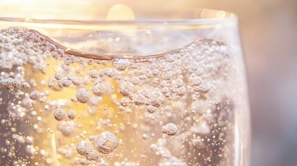 A close-up of a glass filled with sparkling water, bubbles rising to the surface, reflecting light and creating a refreshing visual