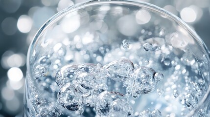 A close-up of a glass filled with sparkling water, bubbles rising to the surface, reflecting light and creating a refreshing visual