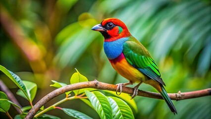 Obraz premium Colorful Danphe Bird Perched on a Branch Amidst Lush Greenery in a Natural Habitat Setting