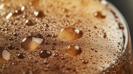 A close-up of a glass with droplets of condensation, filled with iced coffee, highlighting the cool, refreshing texture of the drink