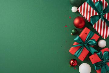 Top view of beautifully wrapped Christmas presents with green bows and festive decorations on a...