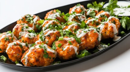 A platter of crispy, deep-fried buffalo chicken bites, drizzled with ranch dressing and garnished with fresh parsley.