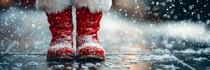 Close-up of Santa's red boots in the snow. 
