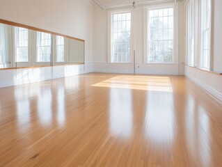 Obraz premium A bright and spacious dance studio with wooden floor and large windows, perfect for classes and rehearsals.
