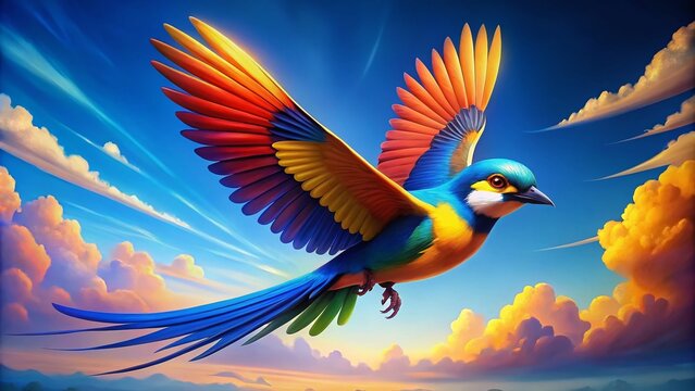 Colorful flying bird in blue sky, vibrant tweety bird illustration for nature, wildlife, and cartoon-themed designs.