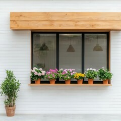 Fototapeta premium Boutique eco-friendly flower shop exterior with recycled materials, natural wood accents, and greenery, Flower Shop, Eco-Friendly Boutique