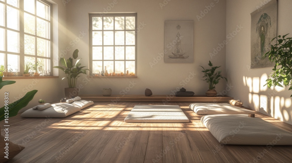 Poster Minimalist Zen Room with Sunlight Streaming Through Window