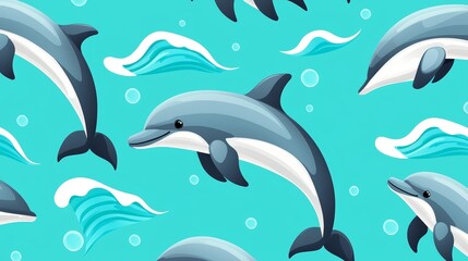 Obraz premium Playful dolphins jumping through waves, on a turquoise background, perfect for an aquatic-themed cute animal pattern