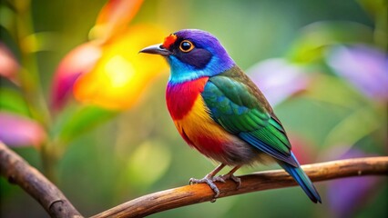 Obraz premium Colorful heart-shaped bird perched on a branch against a blurred natural background in soft light