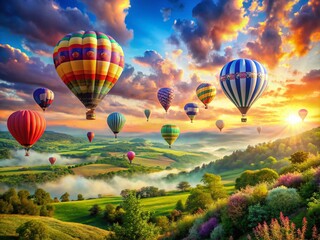 Fototapeta premium Colorful hot air balloons ascend in a dreamy sky, creating a vibrant and enchanting aerial landscape of adventure