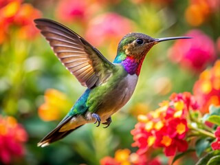 Fototapeta premium Colorful Hummingbird Hovering Near Vibrant Flower in Nature's Beautiful Garden Setting