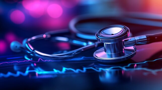 Stethoscope on digital medical chart with vibrant pink and blue lighting, symbolizing modern healthcare technology and diagnostics.
