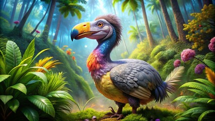 Colorful illustration of a dodo bird, showcasing its unique features and extinct status in nature