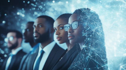Group of Black businesspeople and digital technology concept. Wide angle visual for banners or advertisements with copy space 