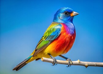 Fototapeta premium Colorful North American Bird Perched on a Branch Against a Clear Blue Sky in Natural Habitat