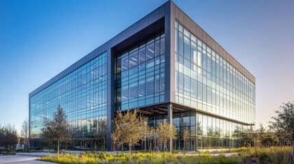Obraz premium Modern Glass Office Building with Landscaping and Blue Sky