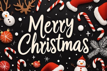 Playful, handwritten "Merry Christmas" text surrounded by illustrated Santa hats, reindeer, snowmen, and candy canes, with a fun, youthful style