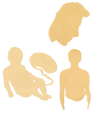 Umrisse, Kopf und K&ouml;rper aus altem Papier - Scherenschnitt mit S&auml;ugling, Baby bzw. Nabelschnur als Silhouette
