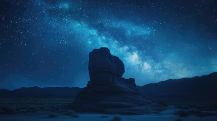 A solitary rock formation in the desert, illuminated by the glow of distant stars, with the night sky stretching endlessly above