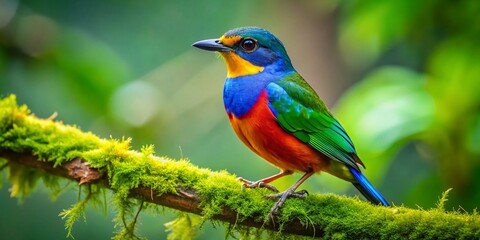 Colorful Sprite Bird Perched on a Branch in a Lush Green Forest, Capturing the Beauty of Nature's Winged