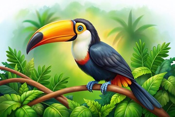 Fototapeta premium Colorful Toucan Bird Cartoon Illustration Perfect for Kids' Designs, Nature Themes, and Fun Educational Materials