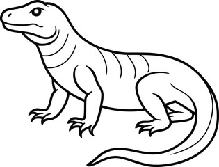Komodo Dragon walking outline vector and line art illustration design. A komodo dragon lizard cartoon character. Komodo Dragon Animal Isolated Coloring Page.