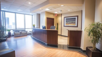 Modern Office Lobby with Reception Desk and City View