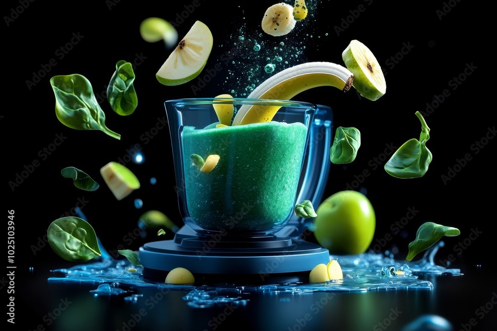 Aufkleber digital 3d animation of a detox smoothie being made, with fruits like banana, apple, and spinach flo